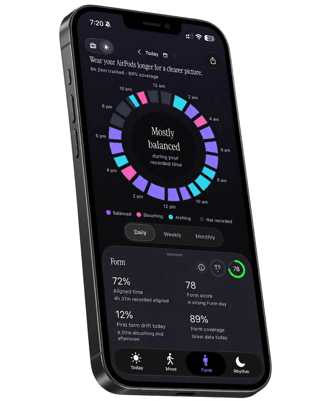 Supermove Form on iPhone showing a circular posture timeline and alignment summary