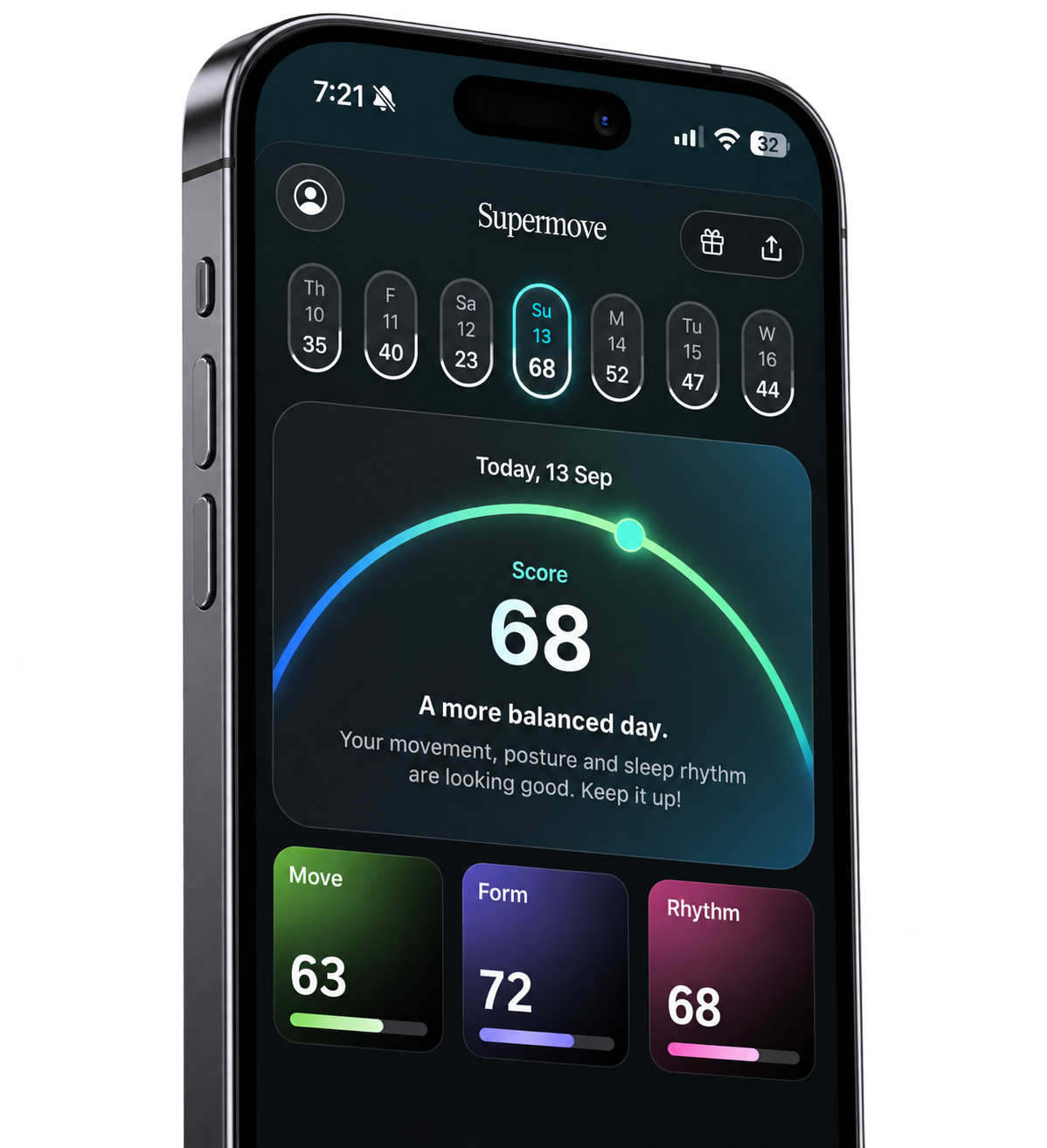 Supermove on iPhone showing the daily balance score and Move, Form and Rhythm summaries