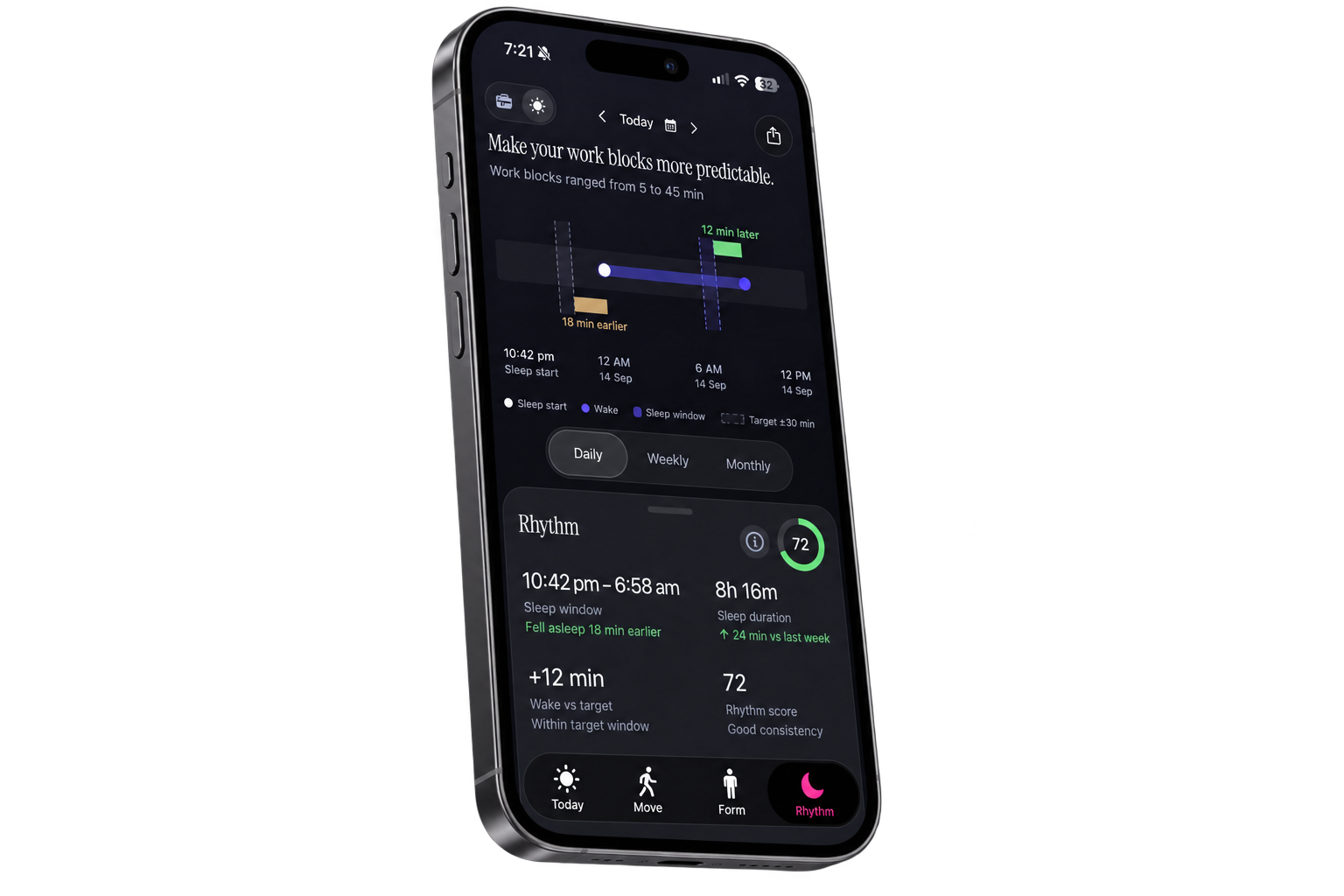Supermove Rhythm on iPhone showing a sleep window and consistency summary